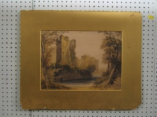Victorian watercolour "Ruined Castle by a River" 10" x 13" indistinctly signed, unframed