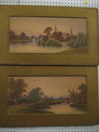 V Franks, a pair of 19th Century watercolours, "River Studies with Church in Distance and Buildings" 9" x 18", (some surface damage)