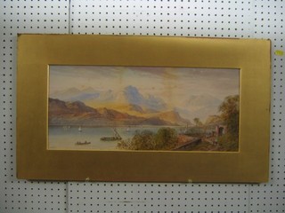 L Lewis, 19th Century watercolour "Mountain and River Scene with Sailing Boats and Figures" dated '99   10" x 21"
