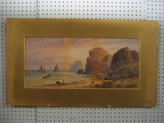 L Lewis, watercolour "Rocky Beach Scene with Figures and Fishing Boats" signed and dated '00   9" x 21"