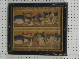 2 sections of 19th Century painted wall paper 12"x5" contained in a black and gilt frame