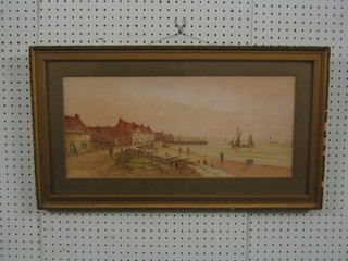 A watercolour drawing "Harbour Scene with Fishing" indistinctly signed 10" x 21"