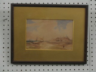 19th Century watercolour "Seascape with Heavy Sea and Sailing Ships Off Rocky Coastline with Buildings" 5" x 8"