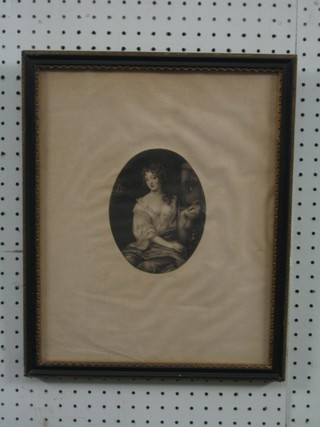 An 18th/19th Century monochrome print "Seated Lady with Sheep" 6" oval signed