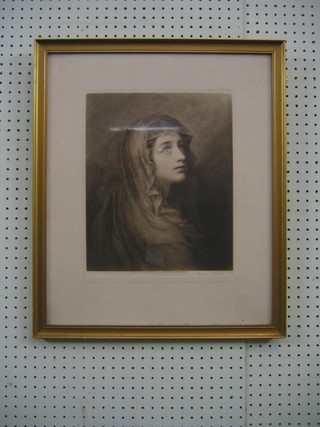 An Art Nouveau monochrome print "Young Girl" margin indistinctly signed and with blind fret stamp FT 14" x 11"