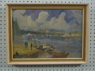 Dunlop, oil on board, "Impressionist Seascape with Figures" (unsigned - entered by a member of the Dunlop Family) 10" x 13"