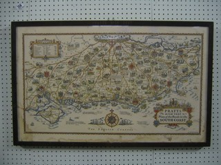 A Pratts High Test coloured map  - Roads of the South of England, contained in an oak frame 16" x 28"