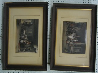 A pair of 19th Century coloured prints "Interior Scenes" 7" x 9" contained in oak frames (some water damage)
