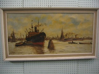 H V Dapy, oil on canvas "Continental Harbour Scene with Moored Boats" 15" x 31"