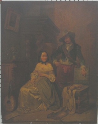 An 18th/19th Century Continental oil on panel "Interior Scene with Seated Lady and Gentleman with Game Birds and Hare" 21" x 16"
