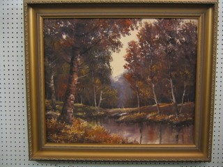 G U D Lingen, oil painting on canvas "Autumnal Scene with Wood and Stream" 20" x 23" in a gilt frame