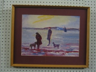 Dunlop, an impressionist pastel seascape "Beach Scene with Figures and Dogs" 10" x 13" signed