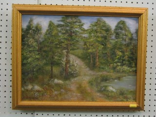 V Goord, 20th Century Continental oil painting on canvas "Wooded Lane" 11" x 15"