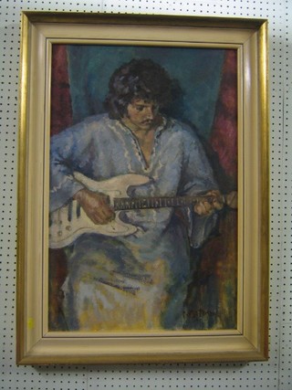 Dorothy Parsons, oil painting on board full length portrait "Seated Male Guitarist" 29" x 20"