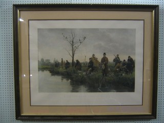 19th Century coloured print after Dendy Sadler "A Pegged Down Fishing Match" 23" x 30"