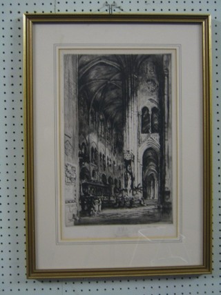 Roland Layan, limited edition engraving 2/100 "Interior Scene of Cathedral" 16" x 10" signed in the margin