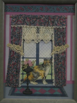 Janice Thomson, oil painting and collage "Cat Sitting in a Window - Waffle" 8" x 11"