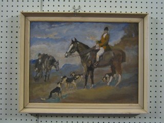 Dunlop, impressionist oil painting on board "Huntsman with Hounds" 12" x 15" unsigned