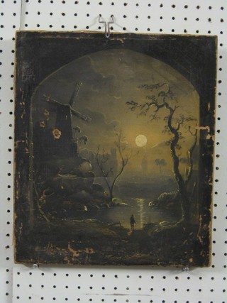 19th Century oil on canvas "Moonlit Scene with Windmill Lake and Figure" 14" x 12" (some paint loss and holes)