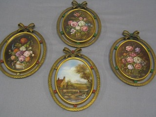 3 19th Century Continental oval oil paintings on board, "Still Life Vase of Flowers and Landscape" 5", contained in gilt metal frames