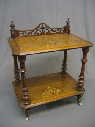 A Victorian inlaid walnut 2 tier what-not stand 22" (finials to front missing)
