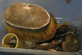 A pair of silver backed military hair brushes, a collection of various coins, an Oriental gilt metal trinket box and a small collection of costume jewellery
