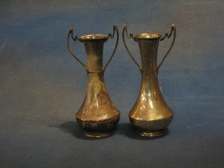 A pair of silver twin handled specimen vases of waisted form Birmingham 1934 5 1/2" (1 handle f)