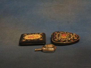A 1950's lady's gilt metal portable ashtray, an embroidered cigarette case and a ditto heart shaped manicure case