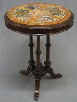 A 19th Century circular specimen marble table, the top inset various marbles, raised on a circular mahogany triple column base 23"