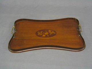 An Edwardian inlaid mahogany shaped twin  handled tea tray 20"