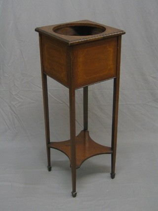 An Edwardian square inlaid mahogany 2 tier jardiniere stand 14"