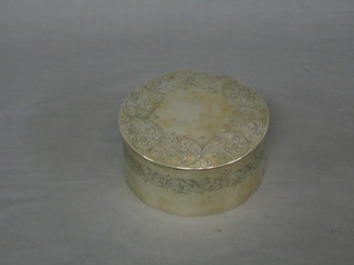 A silver plated jar and cover, a circular engraved silver plated box 7" and 1 other  4 1/2"