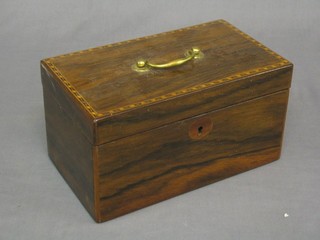 A 19th Century rectangular rosewood twin compartment tea caddy with brass swan neck drop handles and chequer inlaid top, 10" 