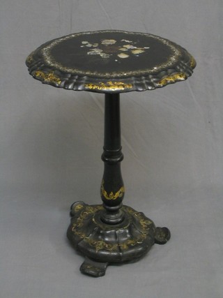 A Victorian papier mache  snap top wine, the top inlaid mother of pearl and having a bracketed border, raised on a turned column 20"
