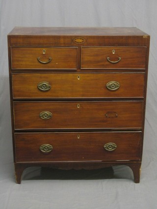A Georgian mahogany chest of 2 short and 3 long drawers with brass swan neck drop handles, ivory escutcheons 36" (some beading missing to the top, 3 handle plates missing)