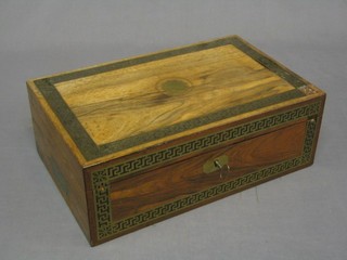 A Victorian rosewood writing slope with pierced brass Grecian key decoration and hinged lid (some brass missing) 15"