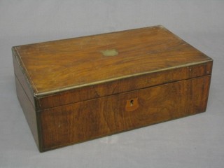 A Victorian walnut and brass banded writing slope with hinged lid (crack to lid) 16"