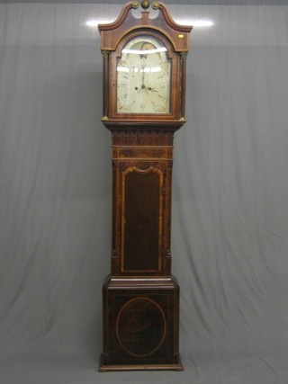An 18th Century 8 day striking longcase clock, the 13" arched painted dial with phases of the moon, subsidiary second hand and calendar aperture and gilt painted spandrels (nicely crazed) contained in an inlaid mahogany case with carved acorn apron and canted sides with long door, raised on a platform base 91" (reduced in height, case well restored approx 30 years ago)