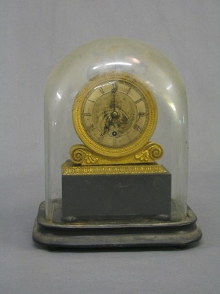 An 18th/19th Century table clock, the 2" circular silvered dial with Roman numerals contained in a gilt metal case by Viner & Co London, complete with glass dome (dome f)