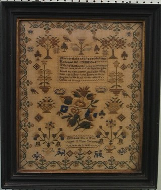 A William IV stitch work sampler - Elizabeth Rees's work, aged 12 years, Carmarthen, June the 21 1830, with motto to centre, trees etc, excellent overall colour 15" x 12"