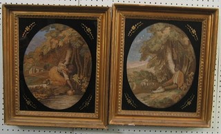 A pair of 18th Century stump work pictures "Reclining Shepherd and Girl Collecting Water from Stream" 12" oval