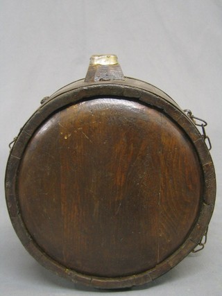 A circular coopered wooden flask 9"
