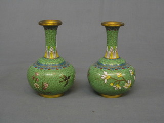 A pair of green ground cloisonne enamelled club shaped vases 5" 