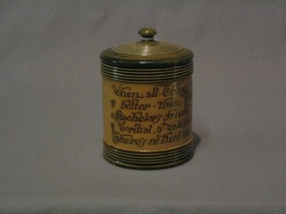 A circular Doulton tobacco jar with motto "When All Good Chings Were Made None Was Made etc" 6"