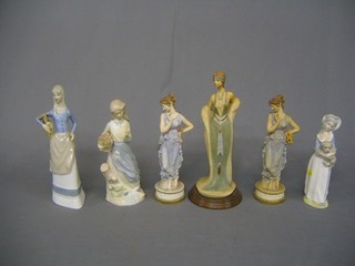 3 Lladro style figures, 3 figures of Classical ladies and a collection of decorative plates