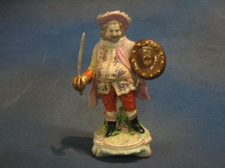 An 18th/19th Century porcelain figure of a standing John Falstaff with sword and shield (sword and shield f and r) 9"