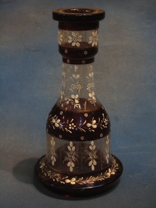 An overlay glass club shaped decanter with floral decoration 11" (no stopper)