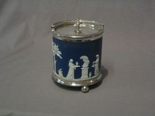 A circular blue Wedgwood Jasperware biscuit barrel, base impressed Wedgwood with silver  plated mounts by James Dixon