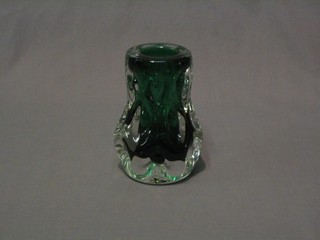 A 1960's Art green glass club shaped vase, the base incised LG 6" 