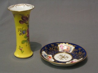 A late Dresden yellow glazed specimen vase with floral decoration, the base marked Dresden and impressed 108, 6" and a 19th Century Davenport porcelain saucer 6" (f and r)